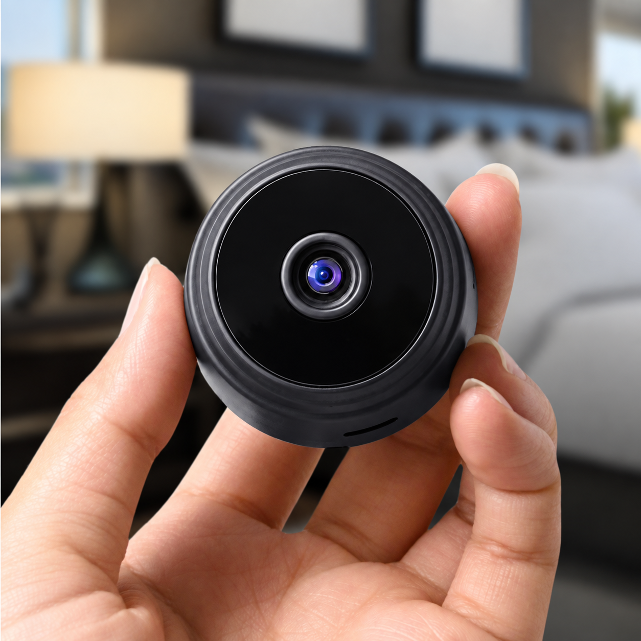 Mini caméra SpyFocus tenue dans une main, format ultra compact