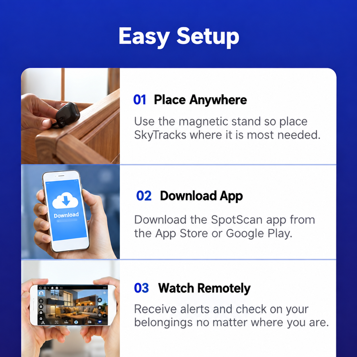 Les 3 étapes d'installation de SpyFocus : placer la caméra, télécharger l'application, surveiller